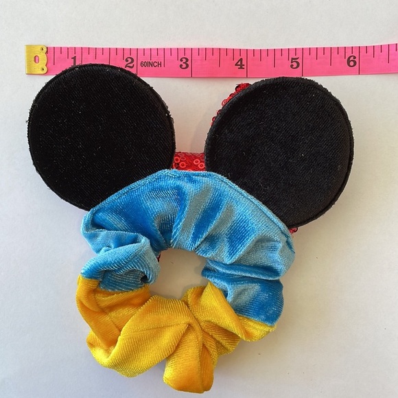 Mickey Mouse Ears Scrunchie Ponytail Holder with Sequins - Blue/Yellow w/Red Bow - Picture 4 of 6